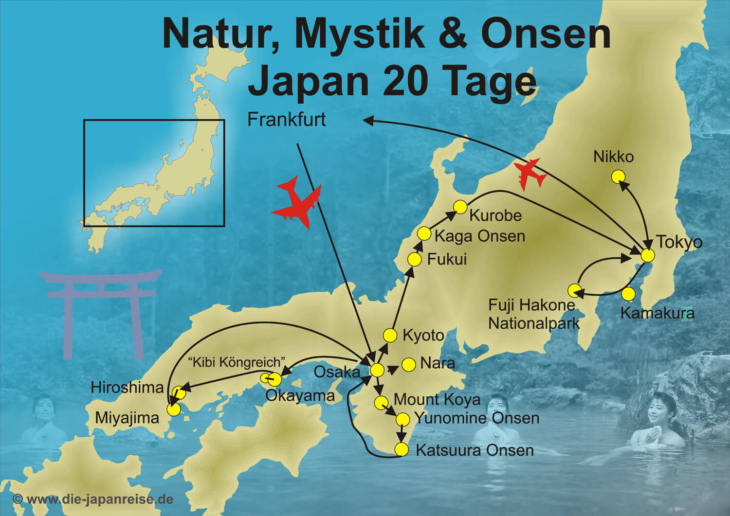 Rundreise Route der Mystik Tour mit Tempelaufenthalt, traditionellem Ryokan und deutschem Reiseleiter.